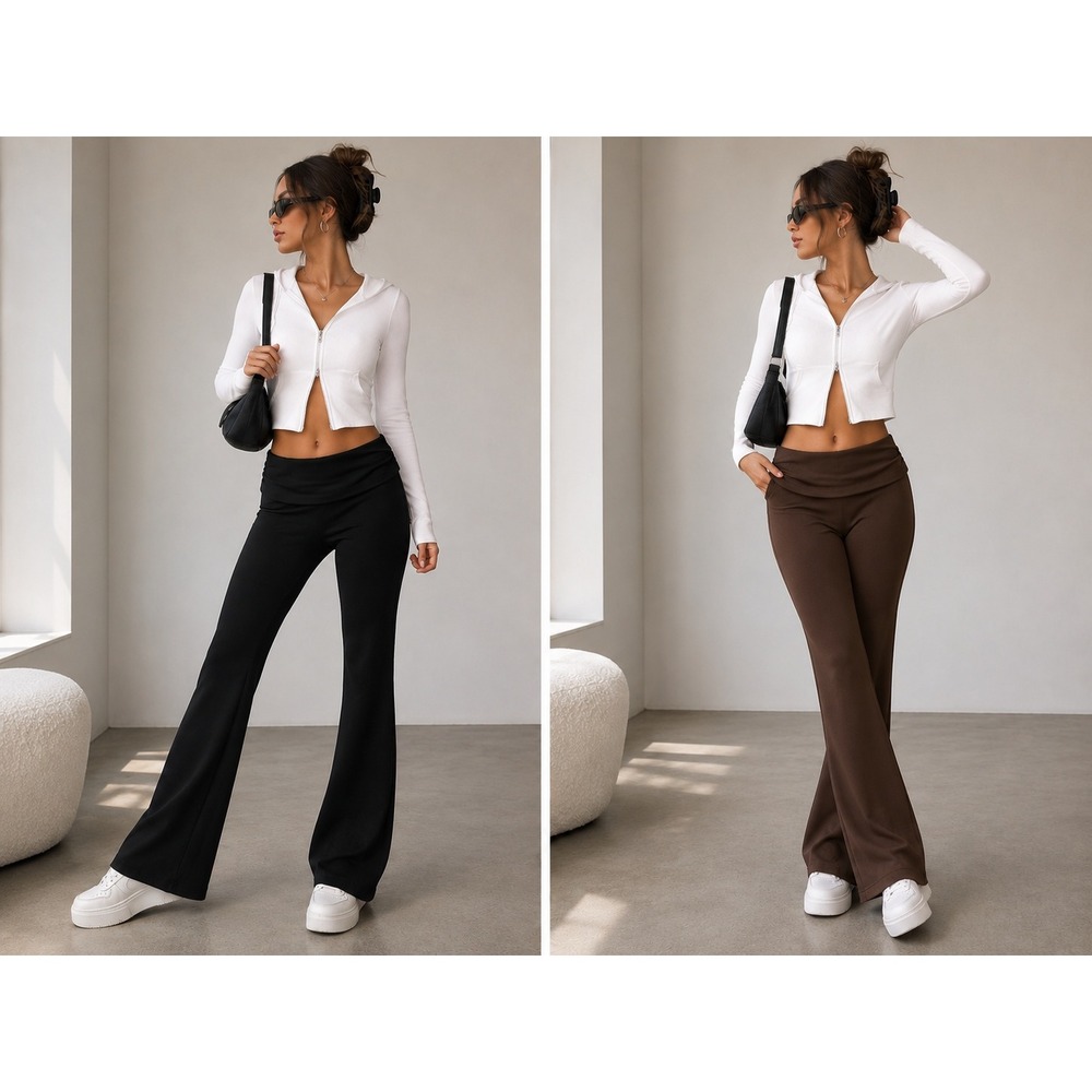 OQQ 2 Pack Foldover Flare Leggings Set Black & Brown Yoga Pants Size XS